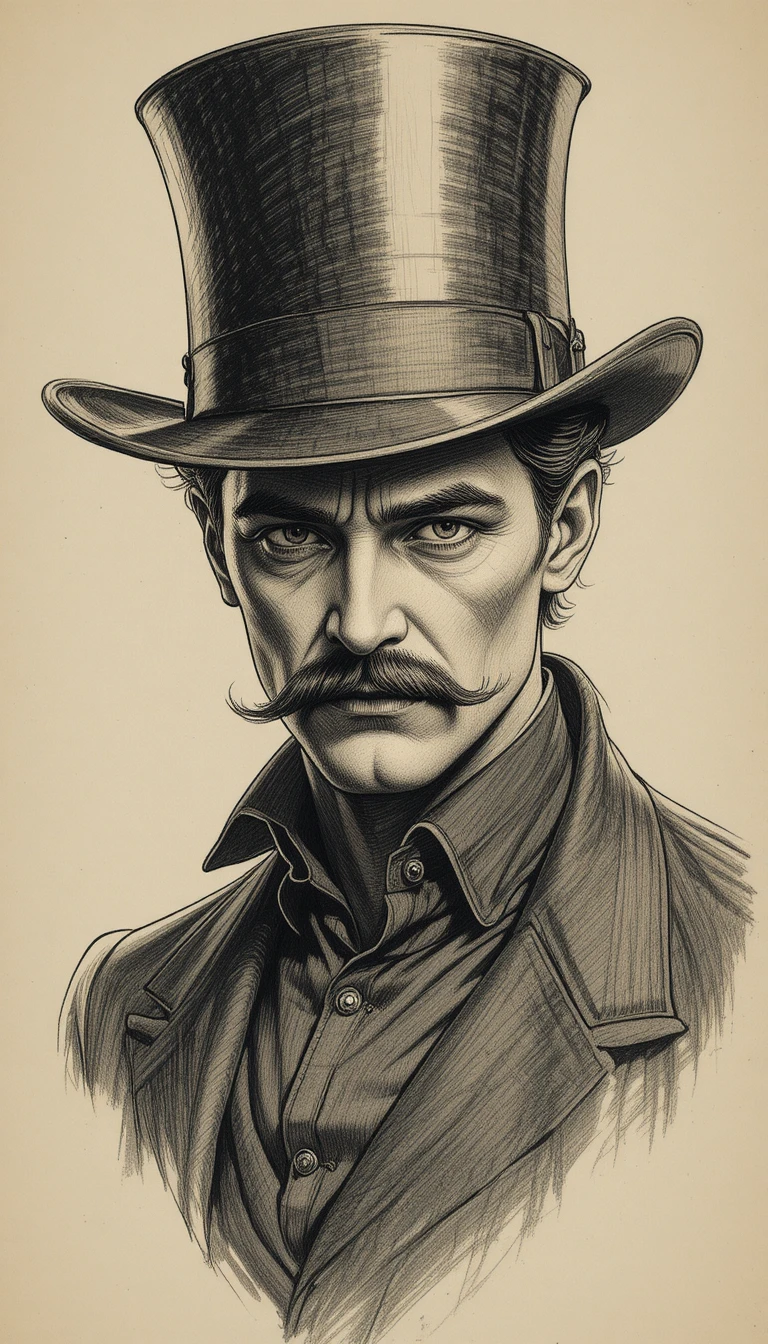 Vintage pencil portrait of a stern gentleman in a top hat