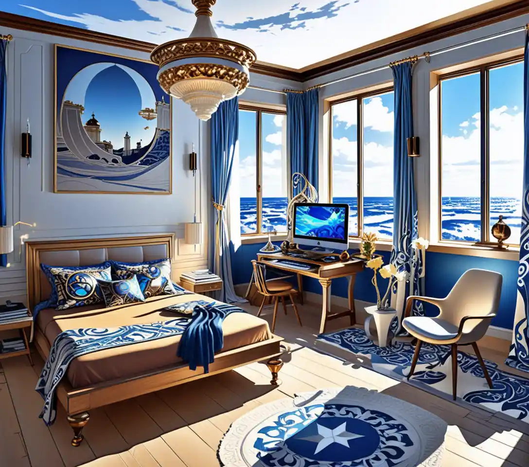 Moody eclectic 3D living room interior with decadent decor