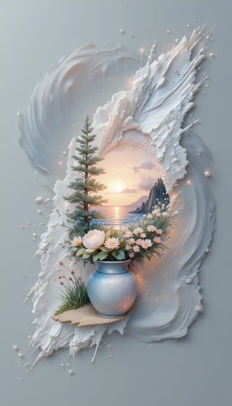 Watercolor vase with peonies and 3D nature relief