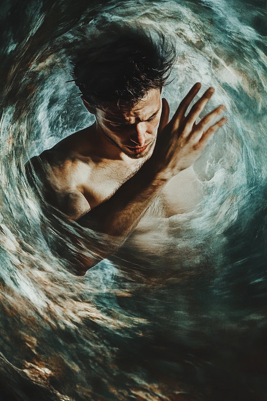Man In A Dynamic Spiraling State Against Dark Background