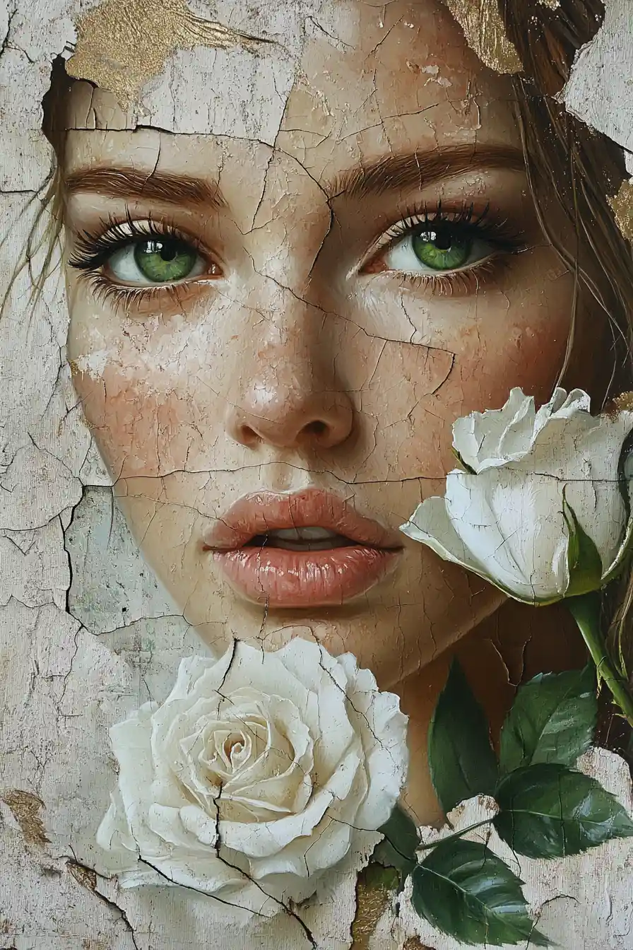 Ritratto di donna con rosa bianca e pittura dalla texture crepata
