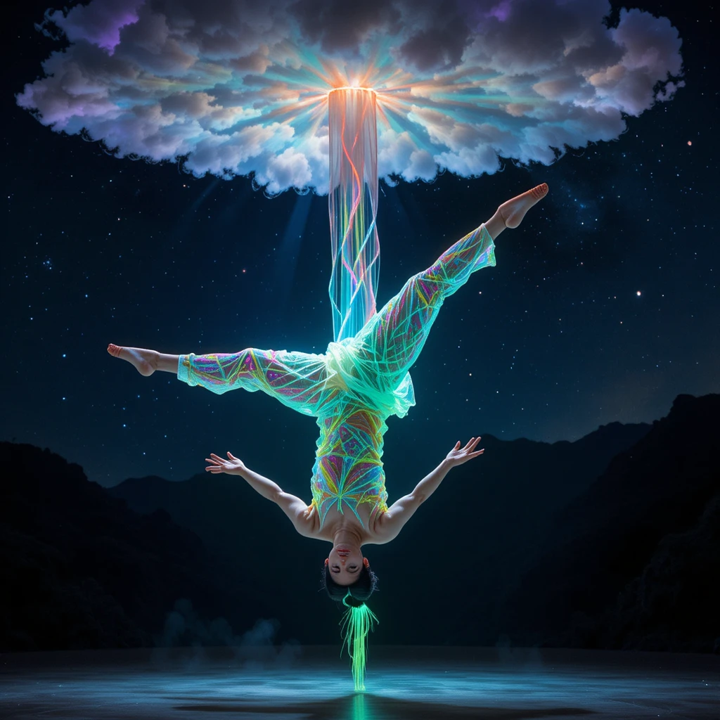 Chinese acrobat suspended in neon ribbons under night sky