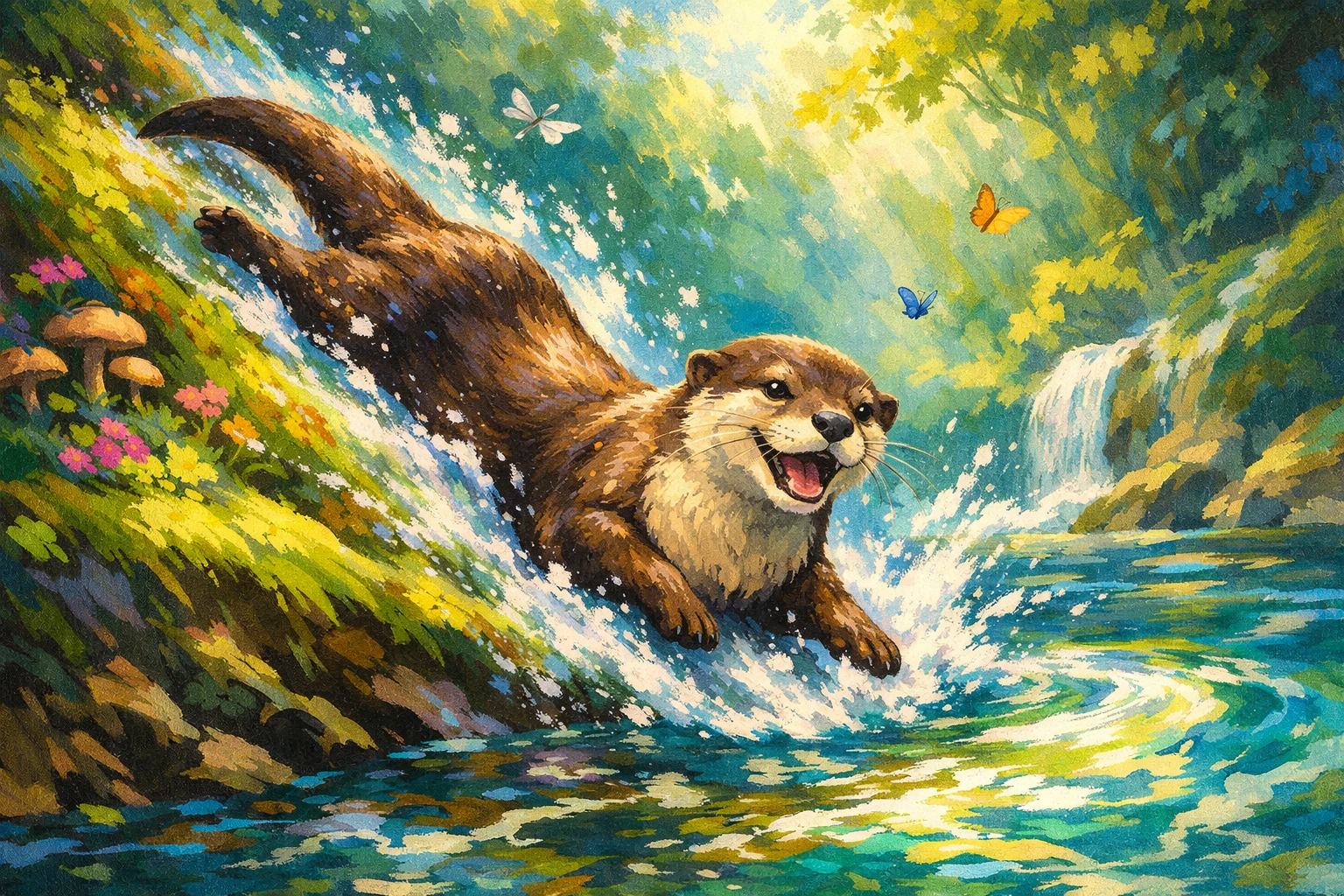 Playful otter sliding down a mossy riverbank in gouache