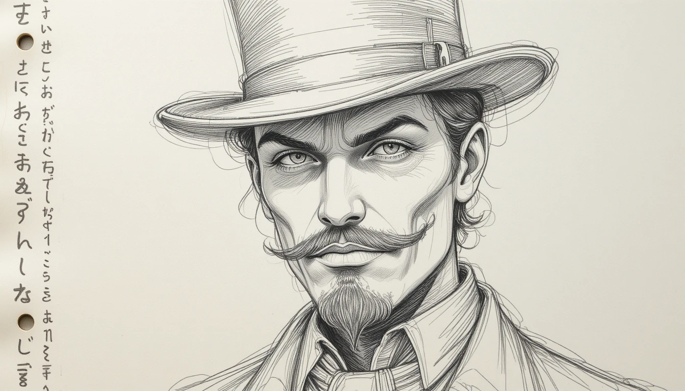 Pencil sketch portrait of masked man in top hat