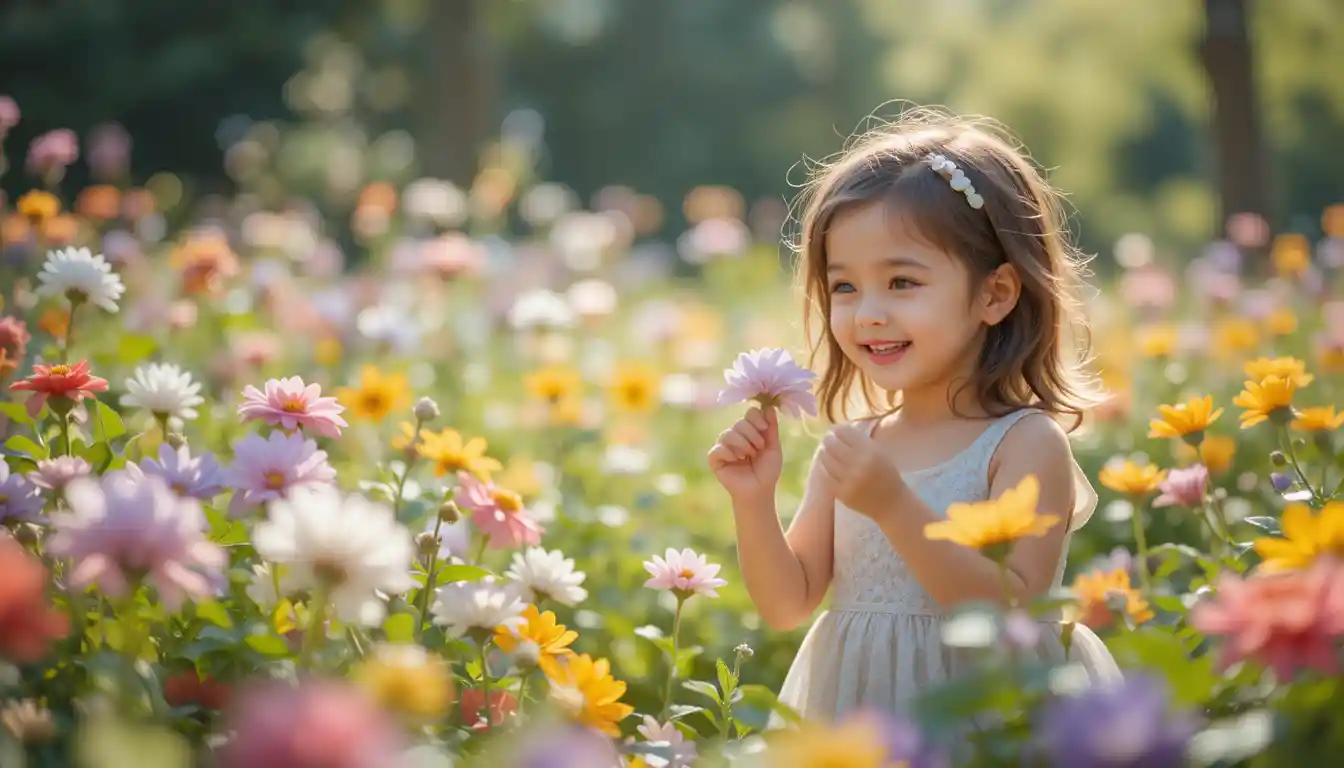 Bambina sorridente che annusa i fiori in un giardino soleggiato