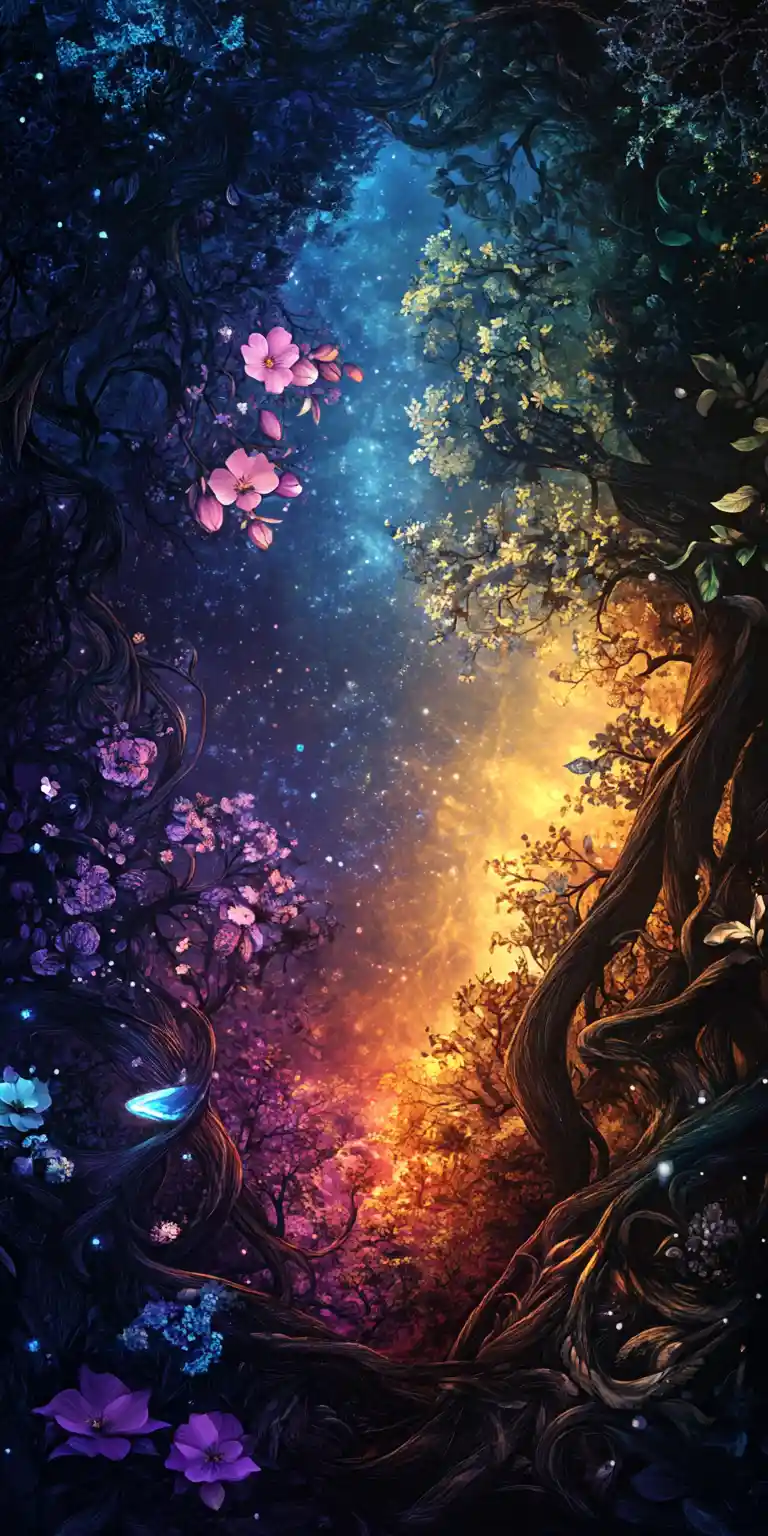 Mystical angel divided by shadow and golden light in forest