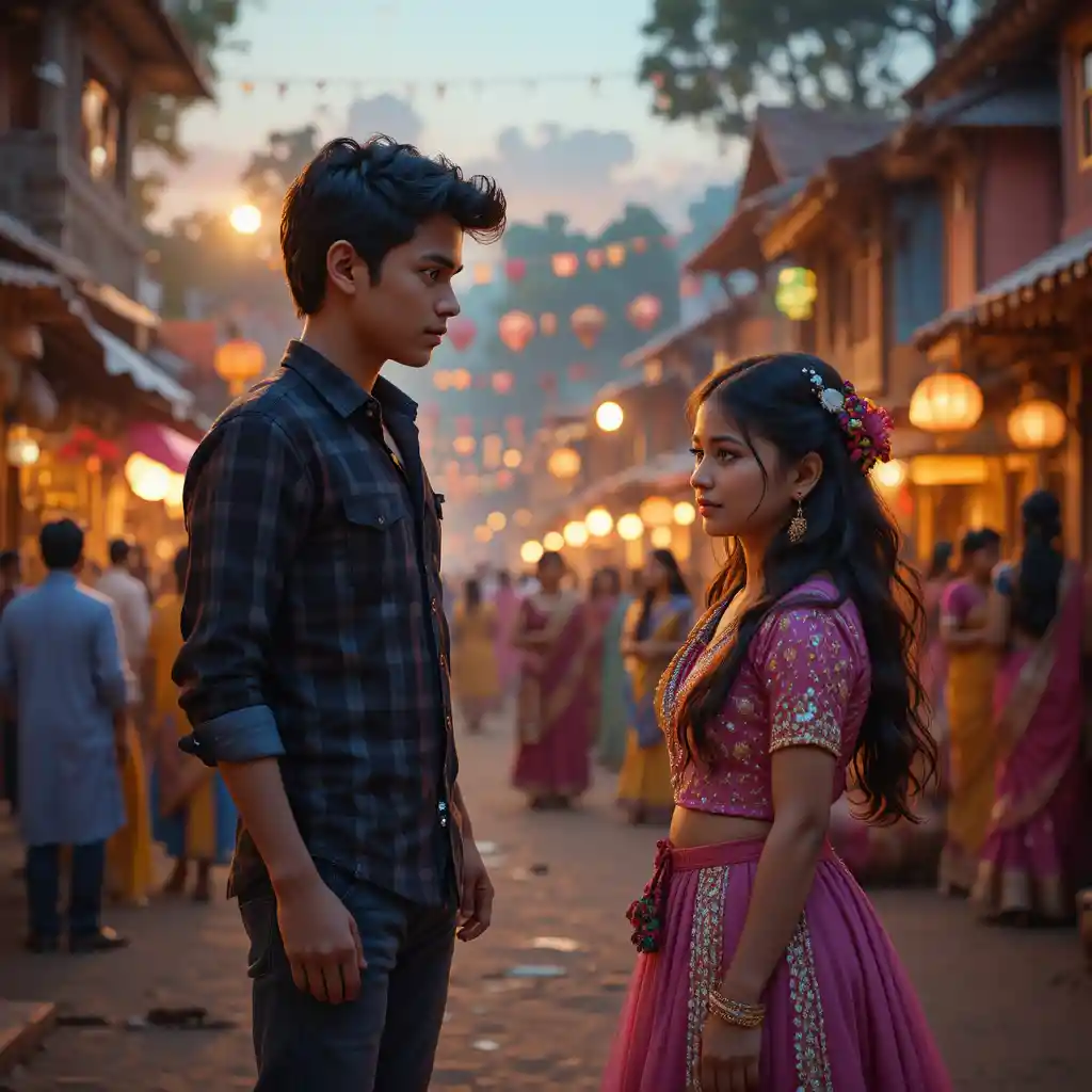 Romantic Indian village festival couple at warm sunset