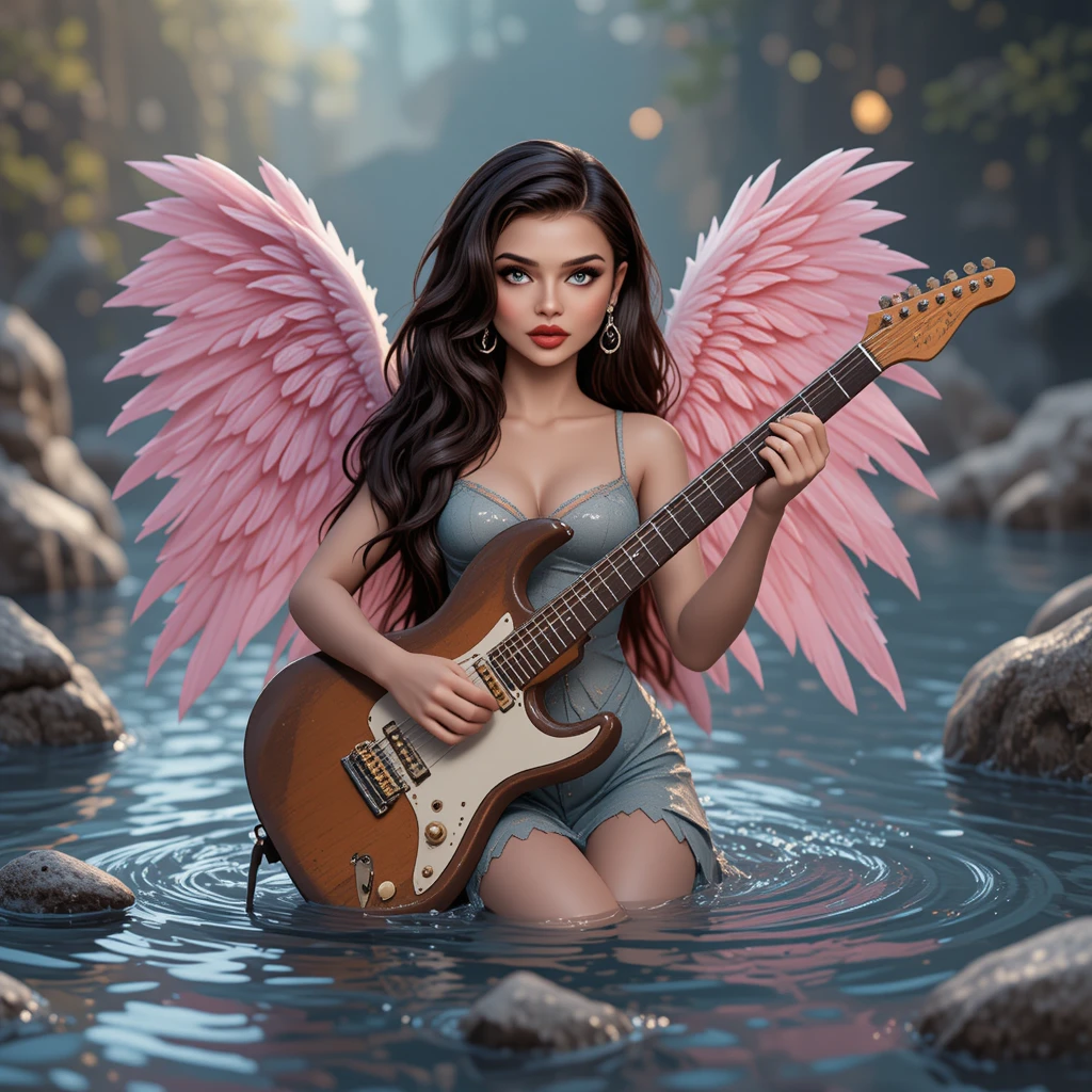 Pink winged woman playing guitar while standing in water