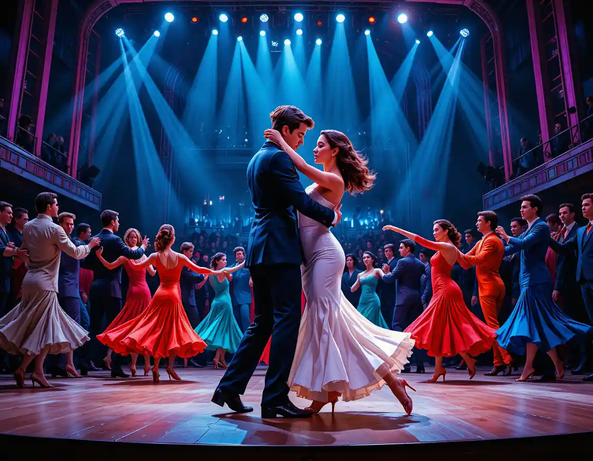 Tango couple lifted in a vibrant ballroom stage performance