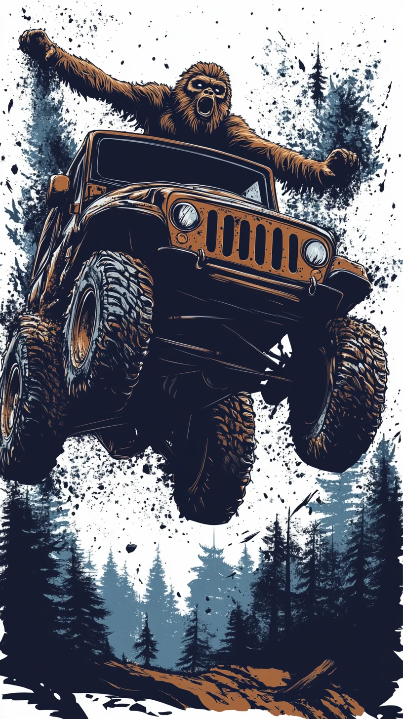 Bigfoot Driving A Muddy Jeep Through A Forest Trail