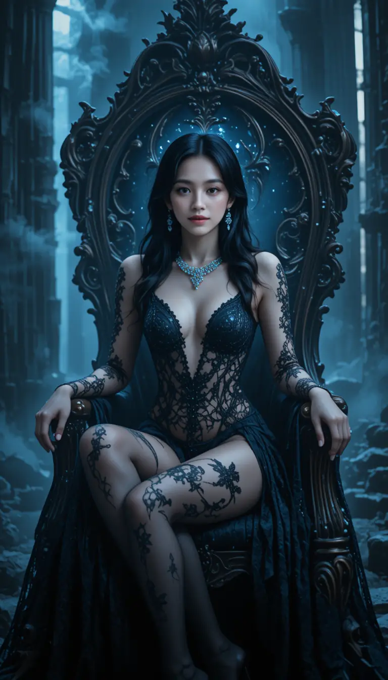 Mystical woman on gothic throne in shadowy ruins