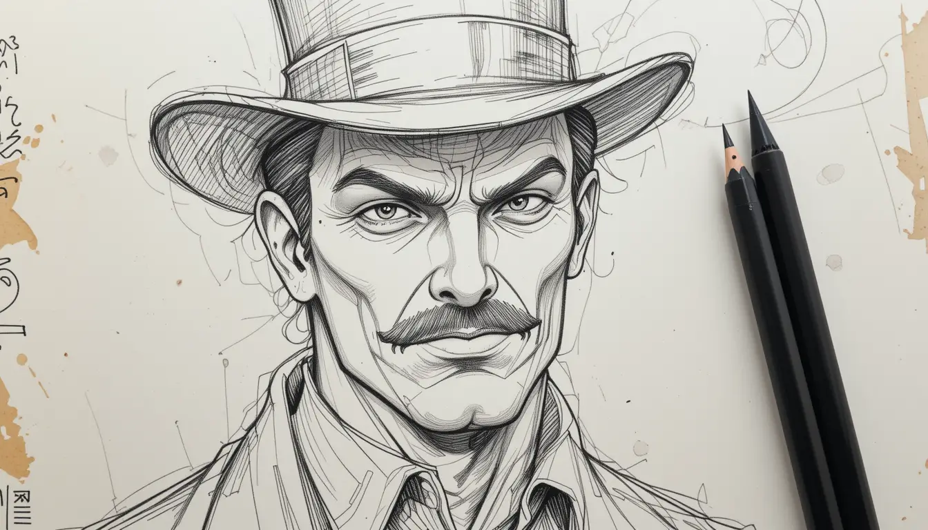 Pencil sketch portrait of masked man in top hat