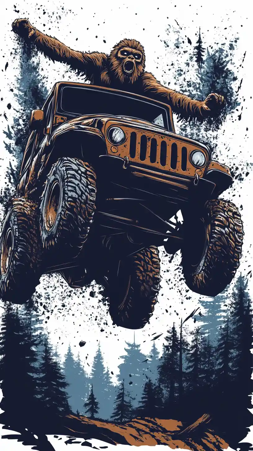 Bigfoot Driving A Muddy Jeep Through A Forest Trail