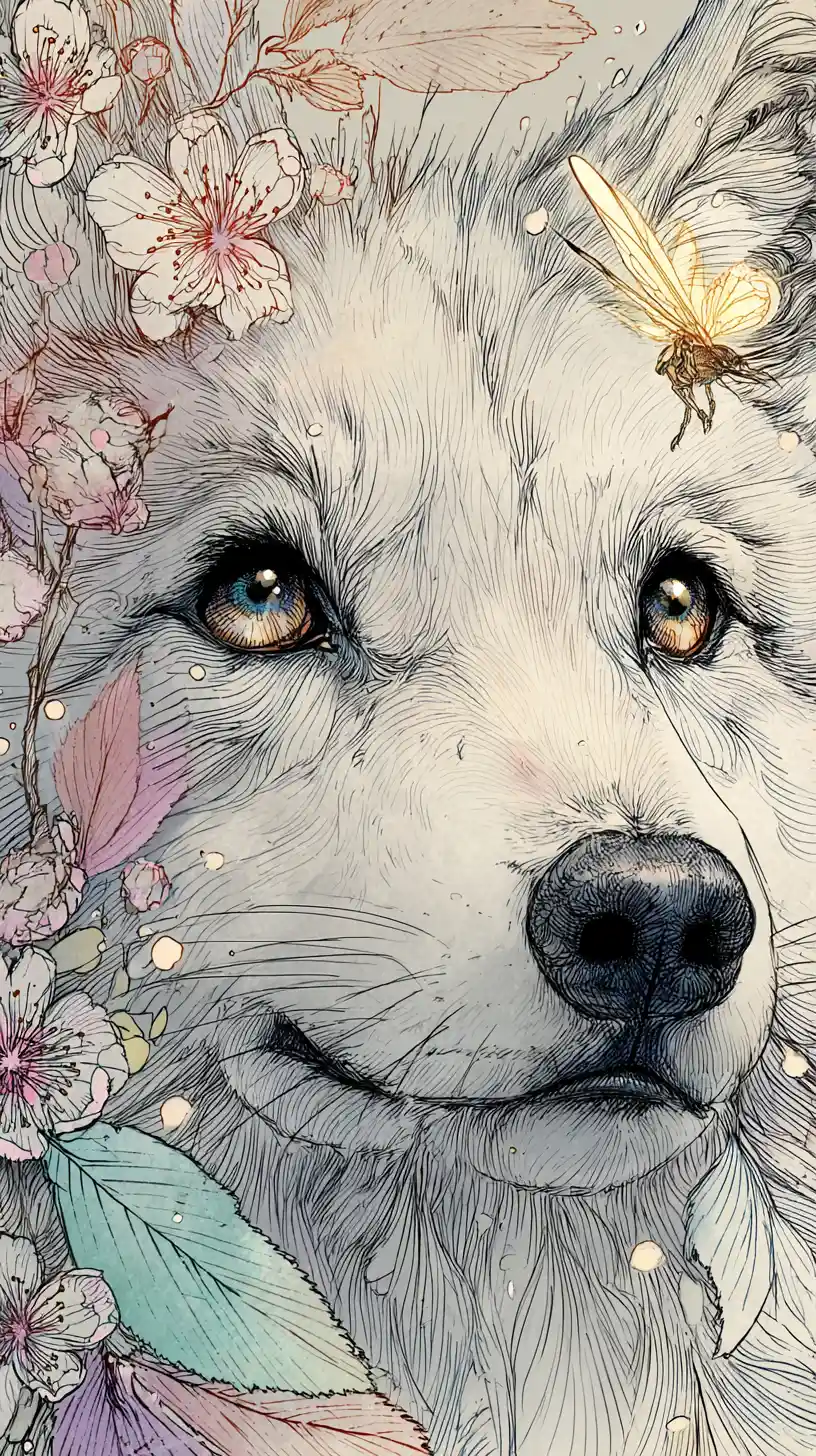 Gentle baby wolf spirit portrait in spring forest tones