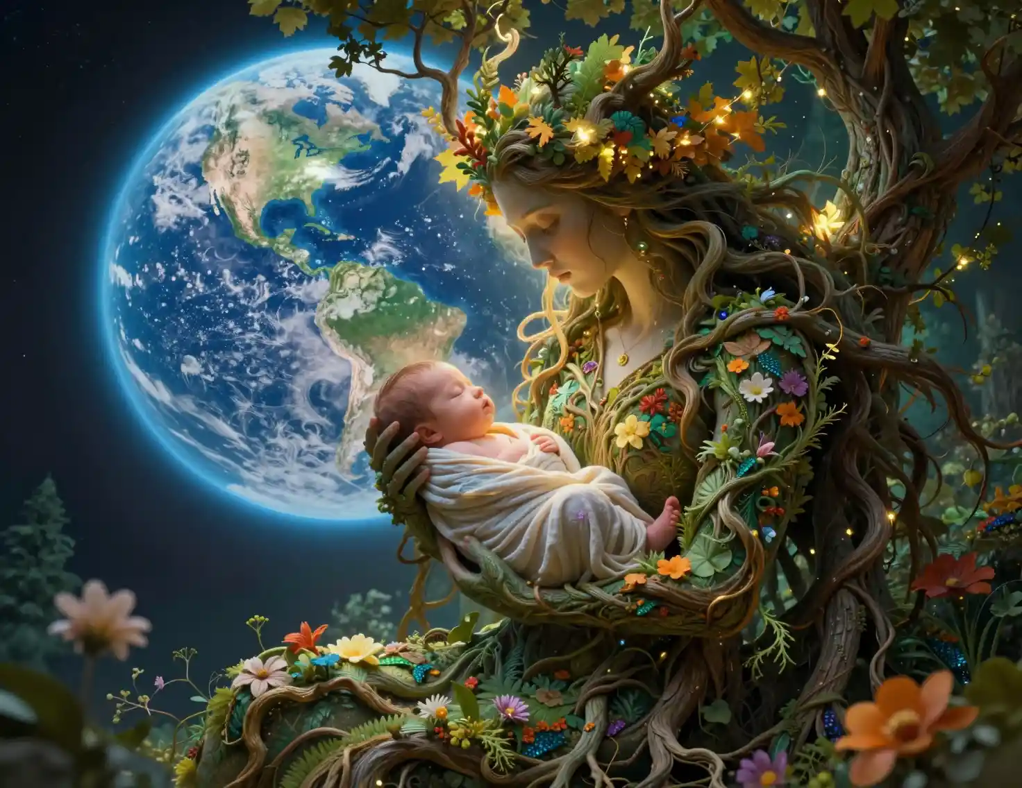 Earth goddess cradling a newborn amid living forests