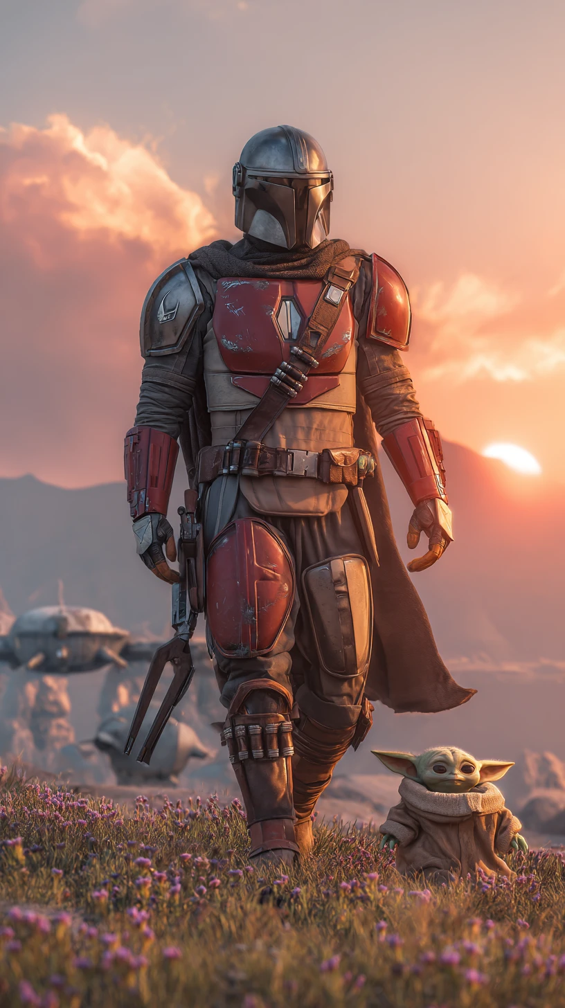 Armored warrior with child approaching alien desert planet