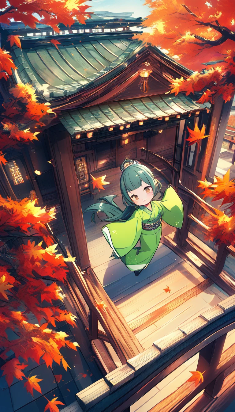 Chibi maiden on a wooden bridge in a tranquil Japanese garden
