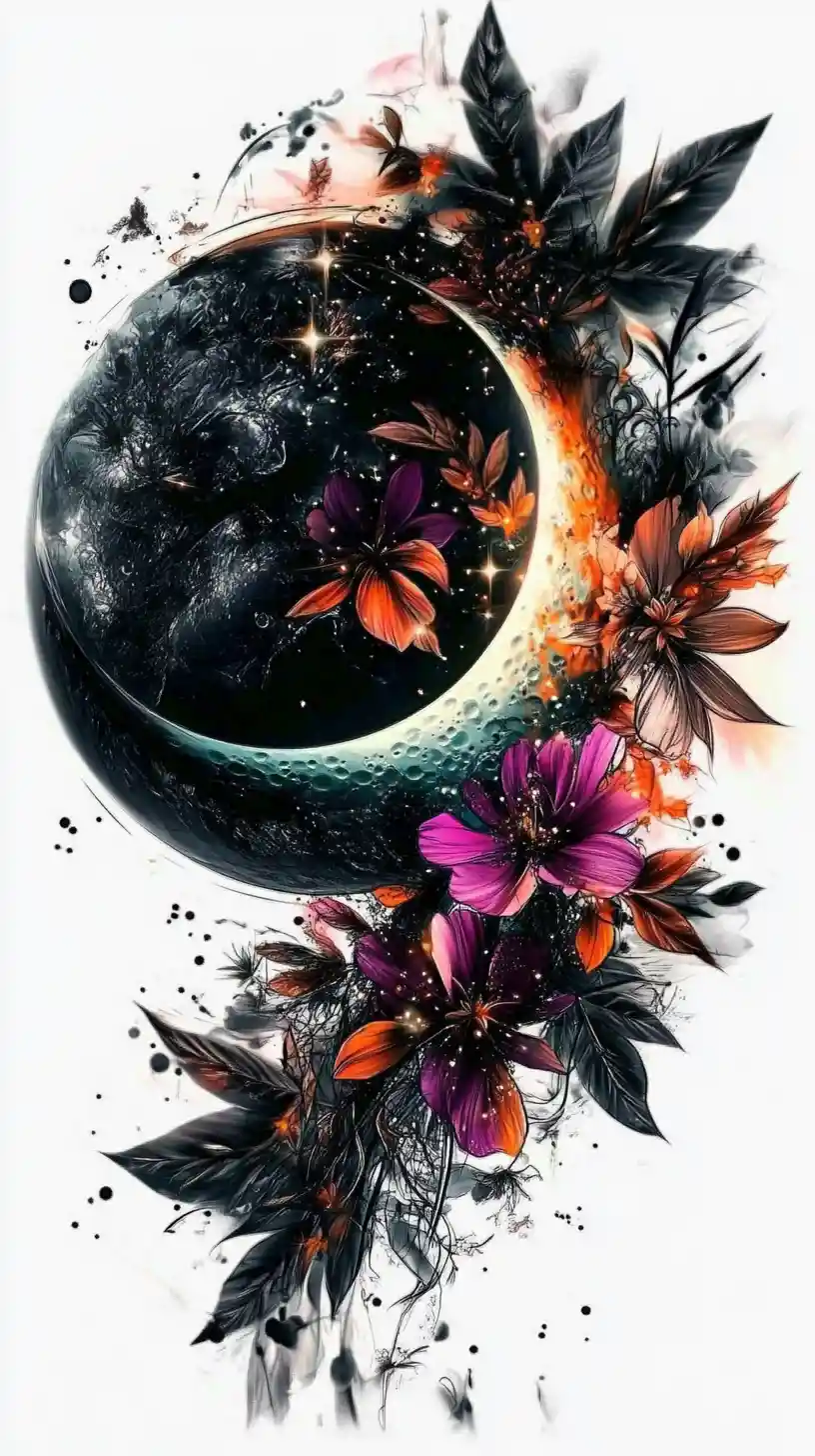 Zarte Halbmond- und florale Fine-Line-Tattoo-Illustration