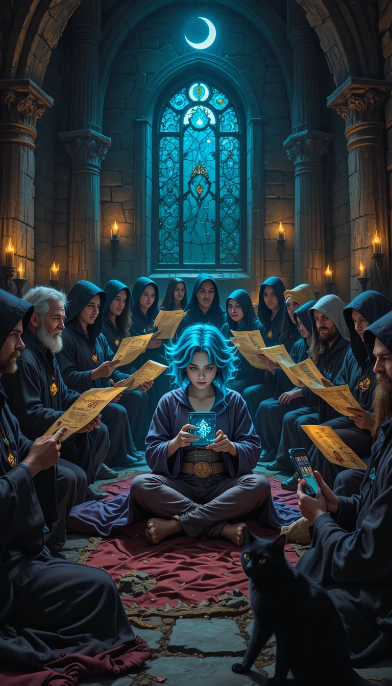 Young sorceress using a glowing smartphone in ritual chamber