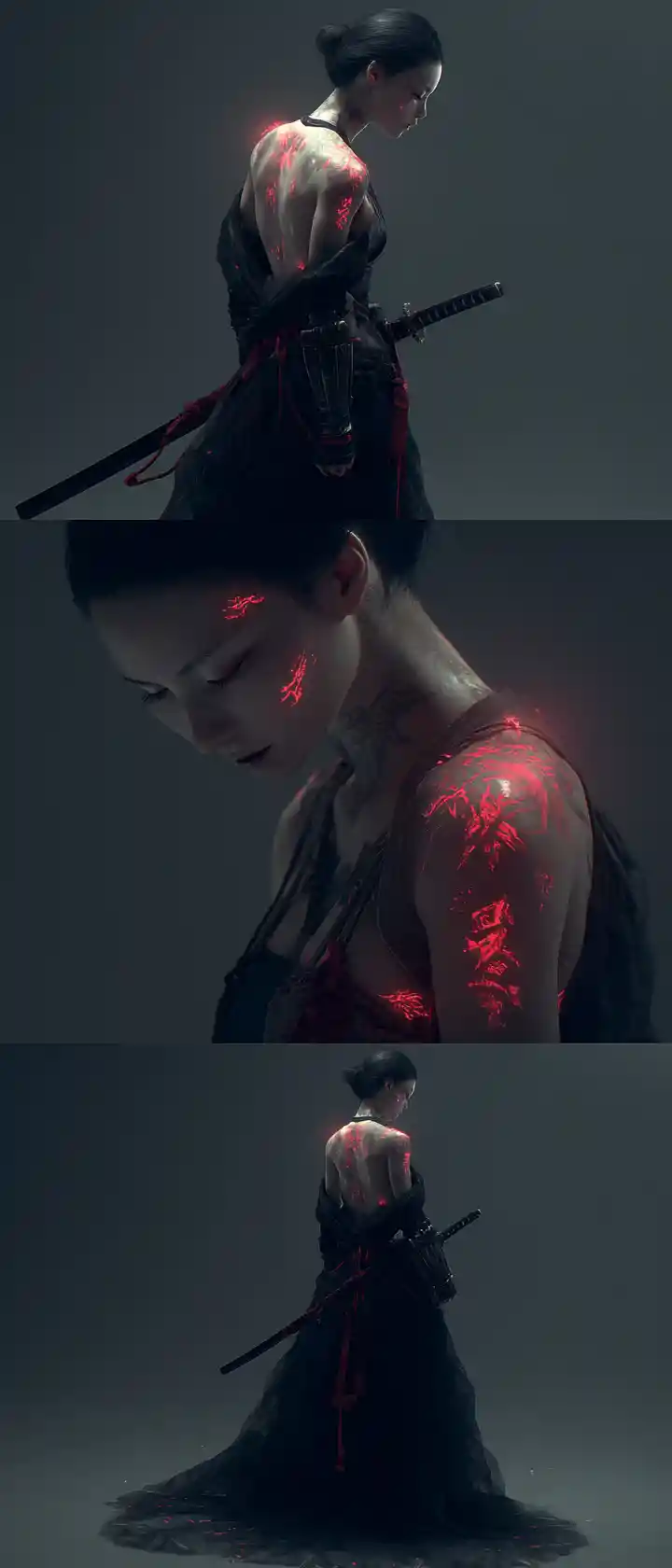 Ethereal samurai woman above a dark sword strewn field