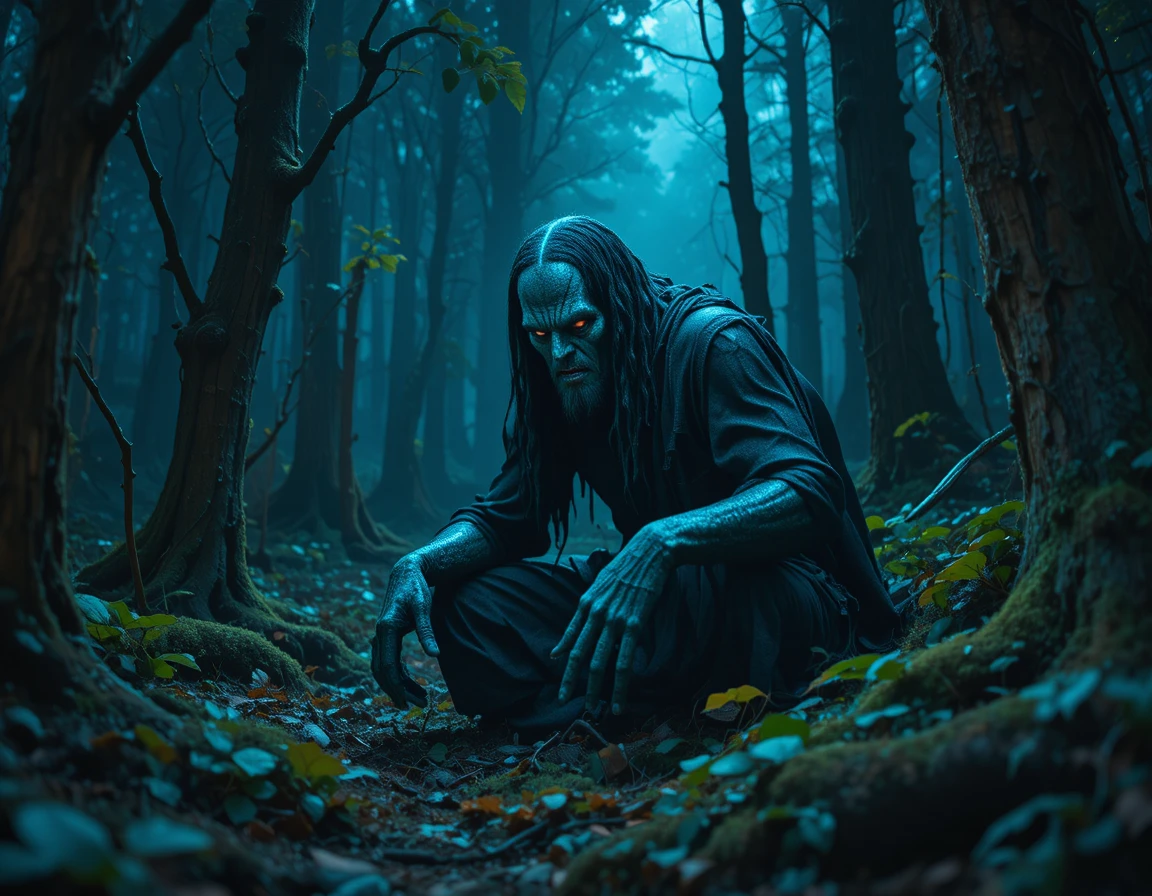 Horned monster in a dark forest at night