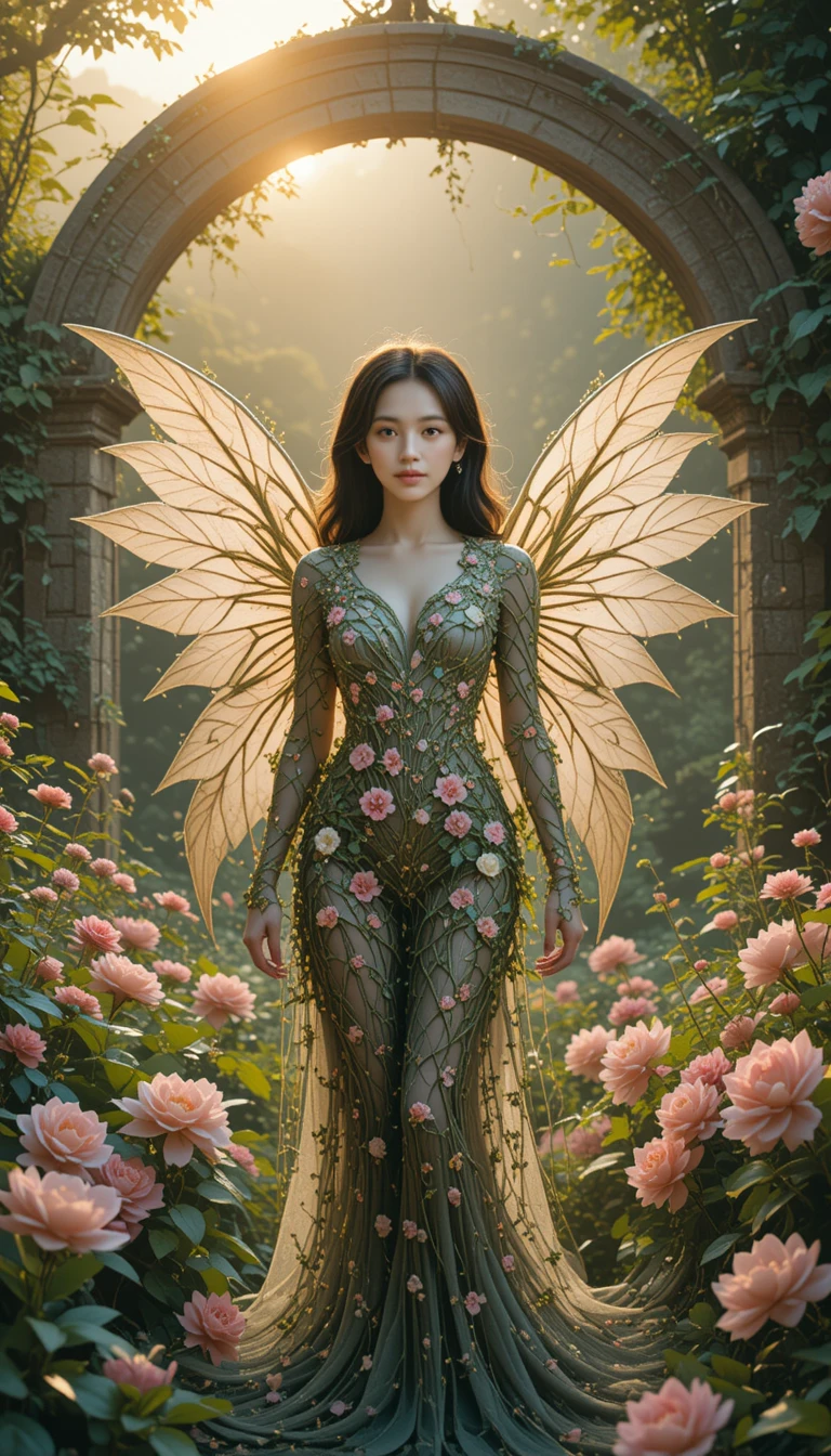 Nature spirit woman in an enchanted garden at dusk