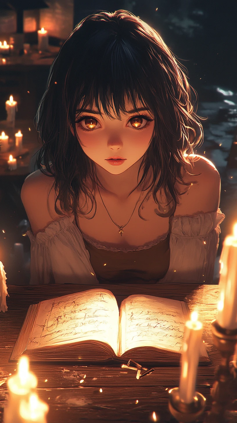 Anime girl at wooden desk with floating candles