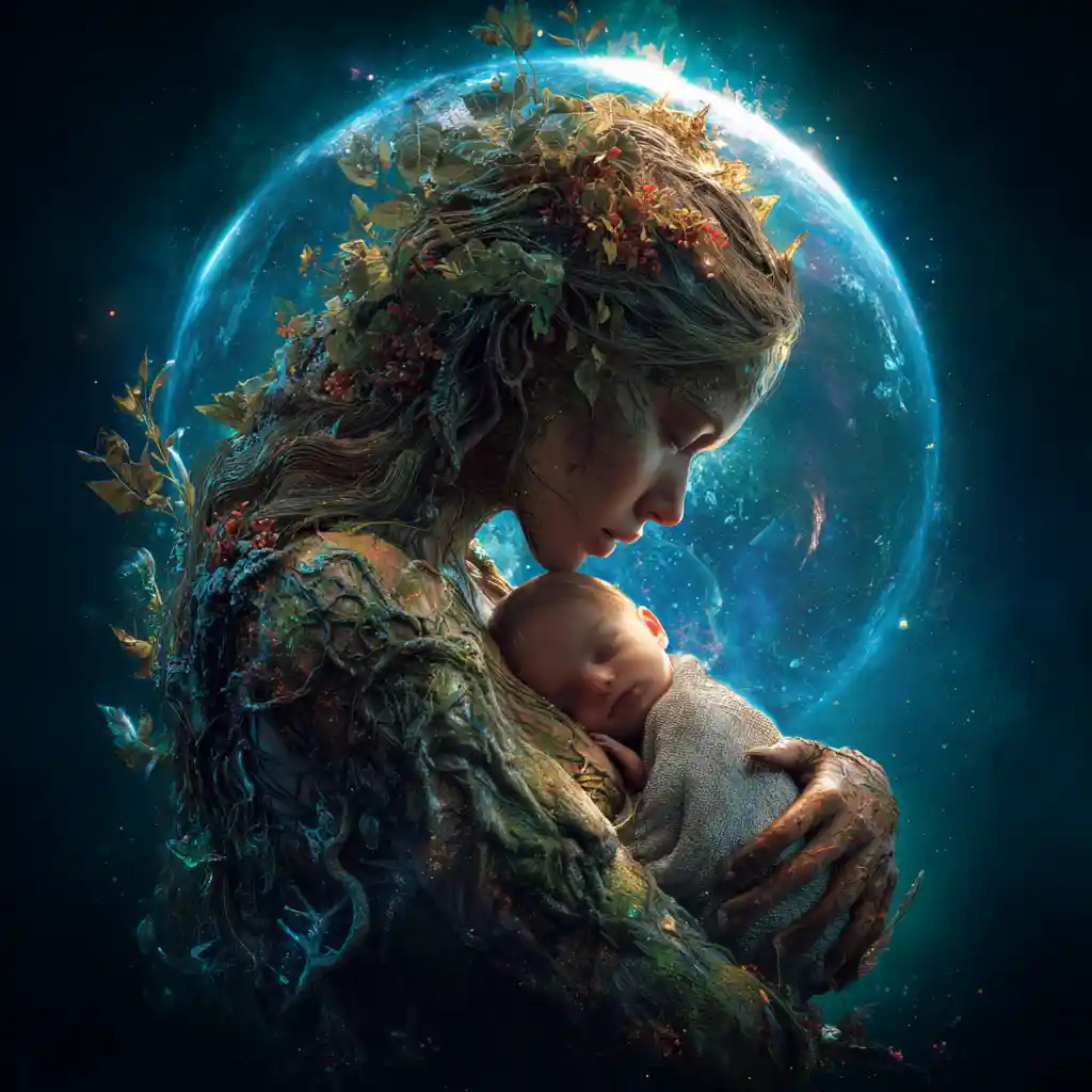 Earth goddess cradling a newborn amid living forests
