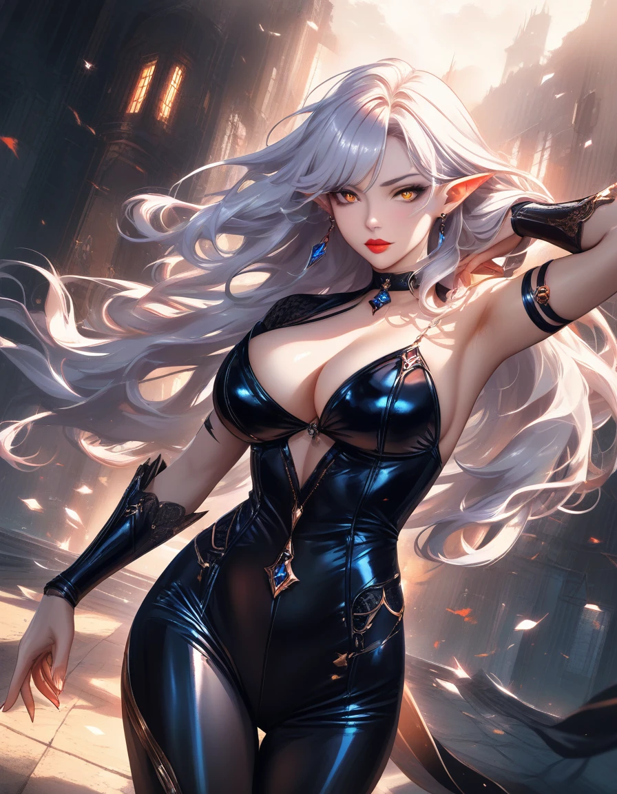 Sexy dragon warrior woman with silver lilac hair