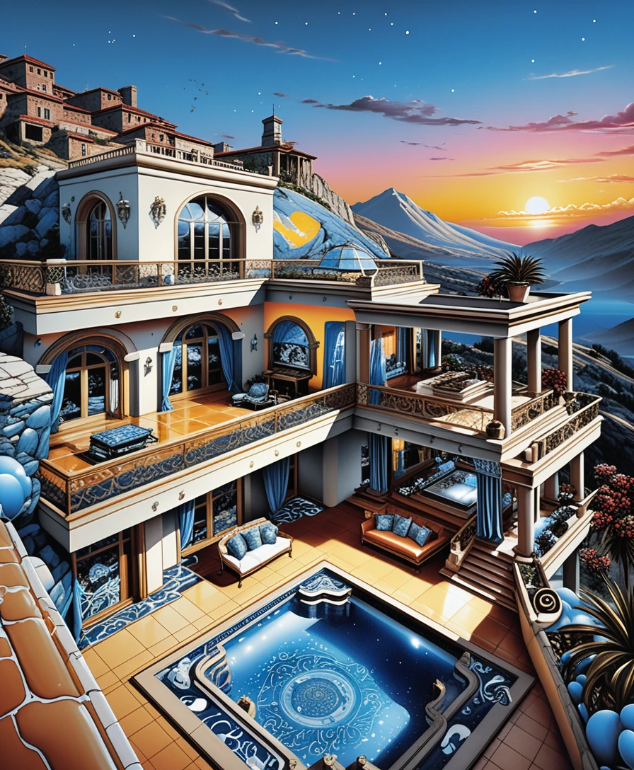 Isometric luxury stone villa interior in serene mountains