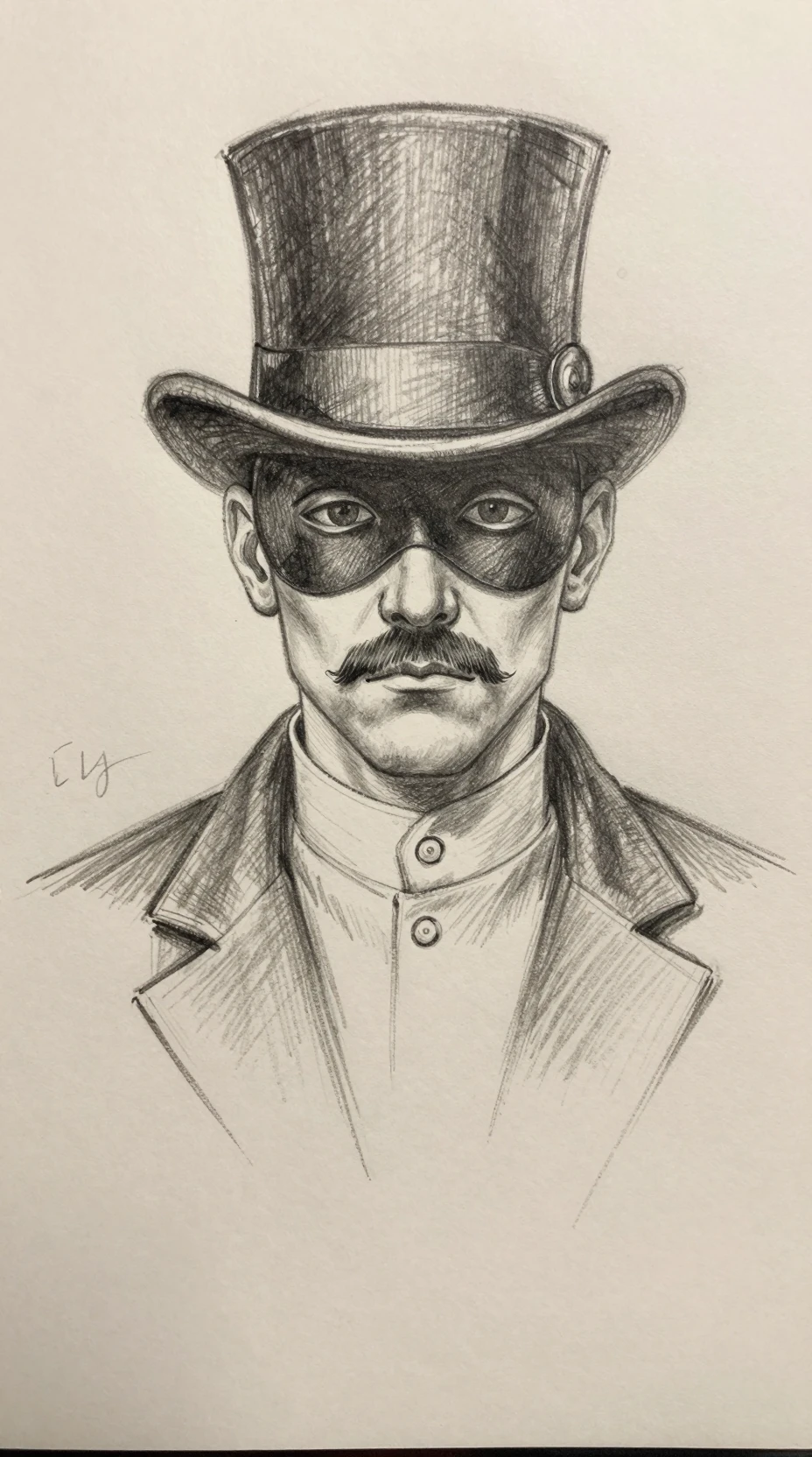 Pencil sketch portrait of a masked man in a top hat