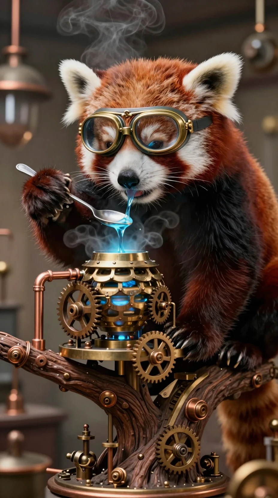 Roter Panda kostet blauen Nektar im Steampunk-Baum