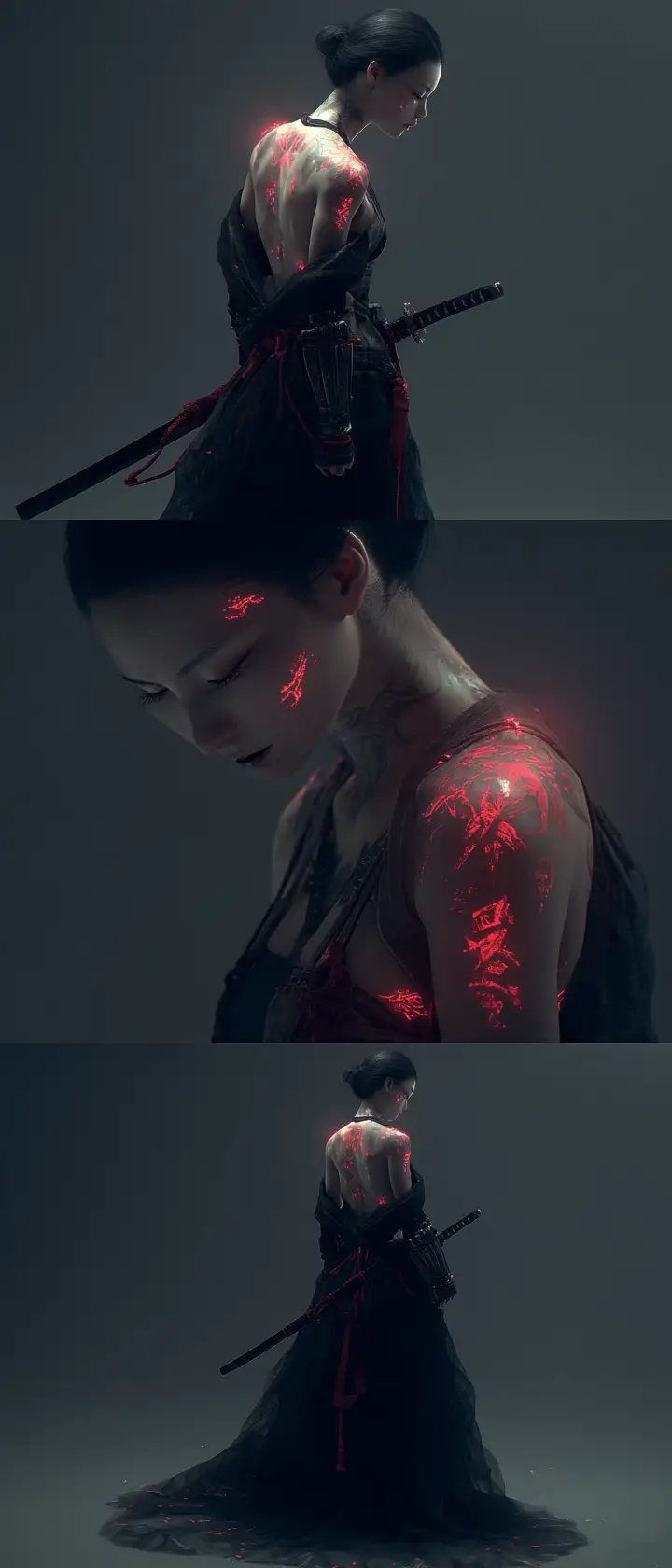 Ethereal samurai woman above a dark sword strewn field