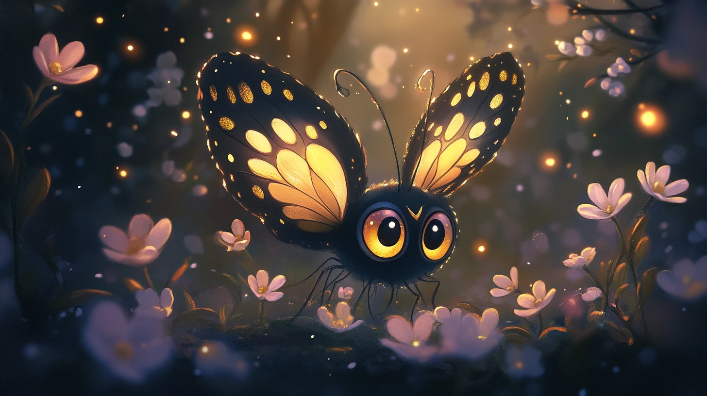Cute butterfly character resting in a dark enchanted forest