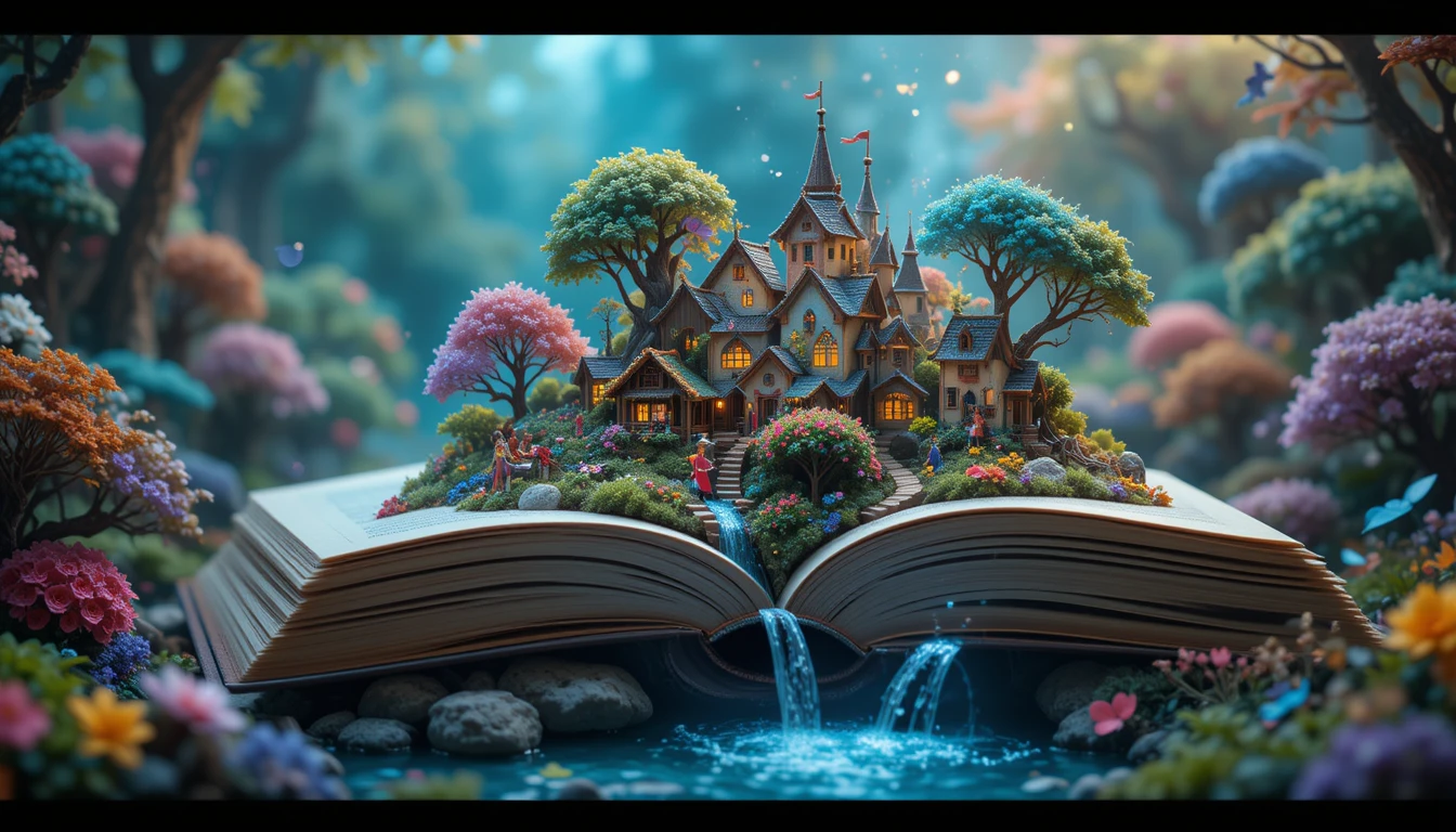 Miniature fantasy village growing from an open storybook