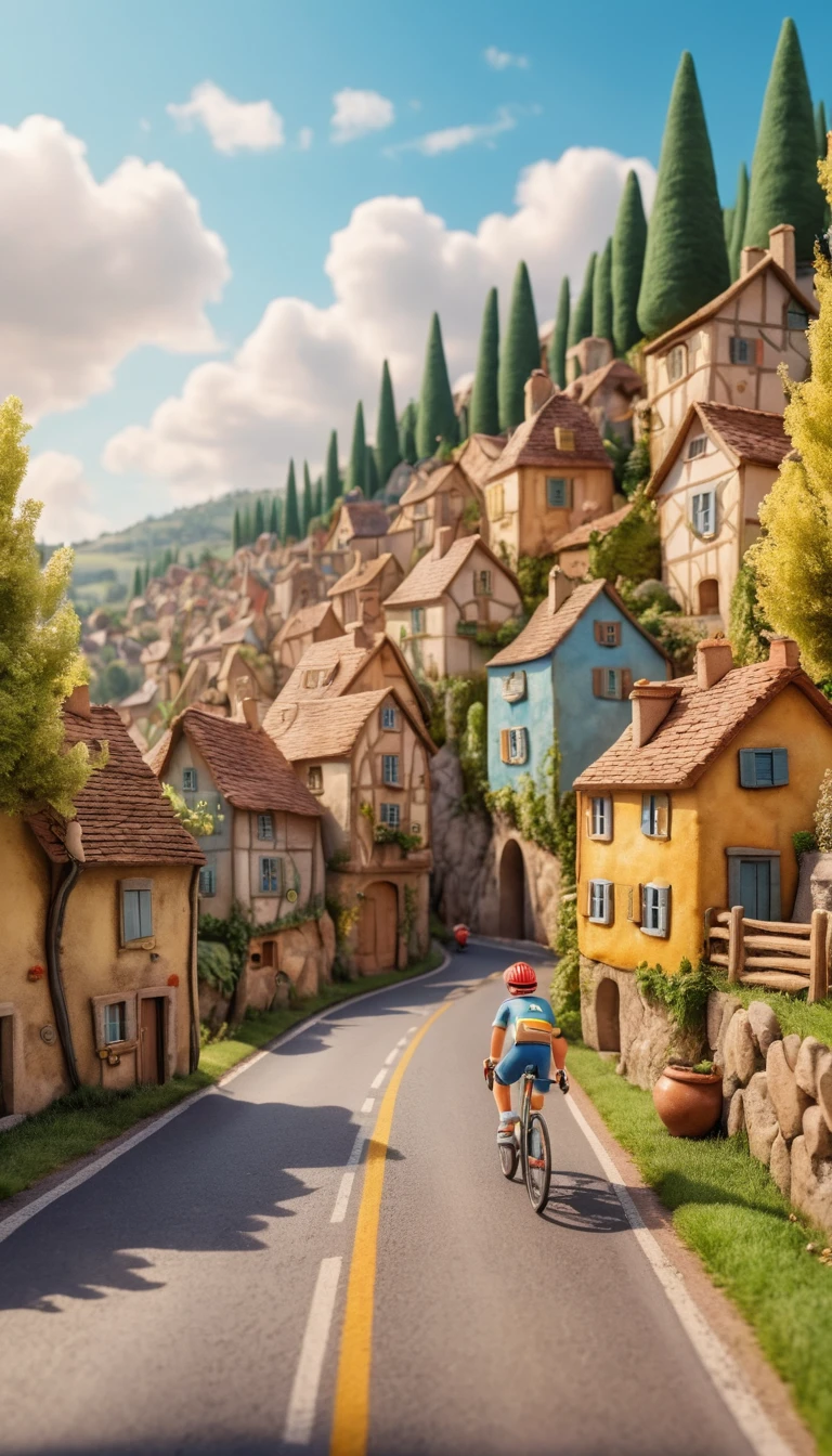 Funny clay cyclists racing through a cozy French village