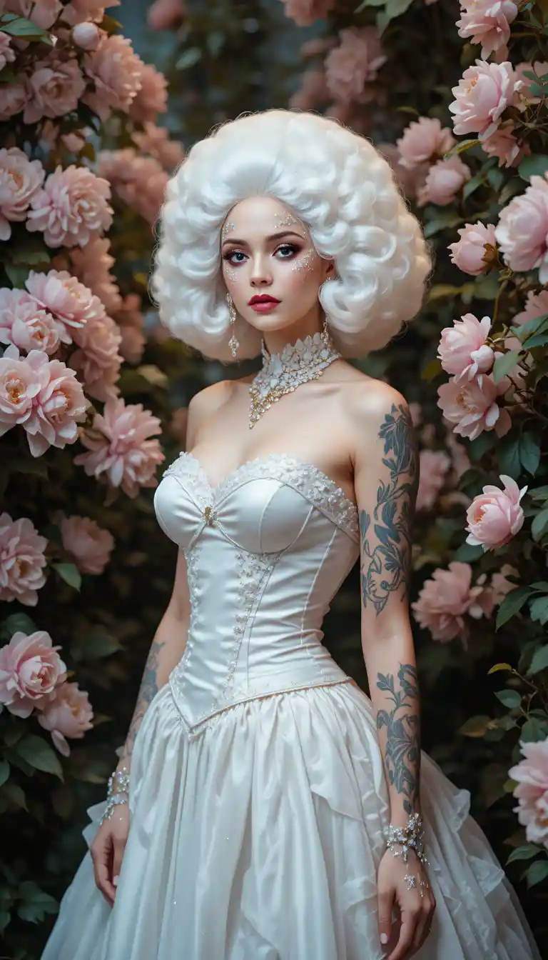 Neo Rococo muse in powdered wig and corseted gown