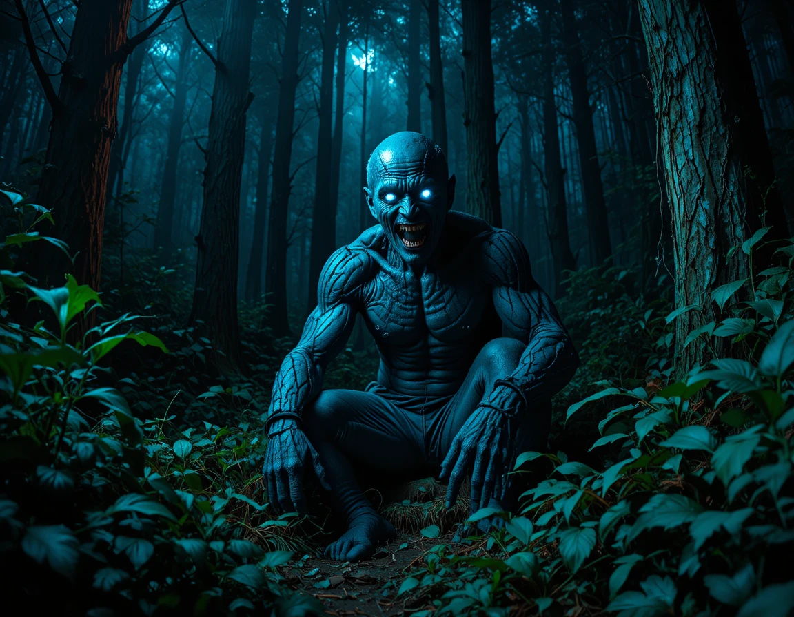 Horned forest monster in cinematic night photography