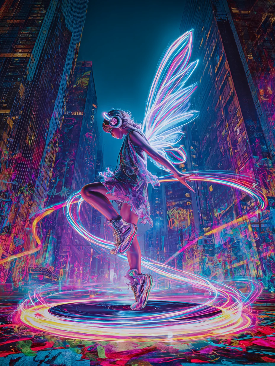 Urban fairy dancing on neon lit turntable at night