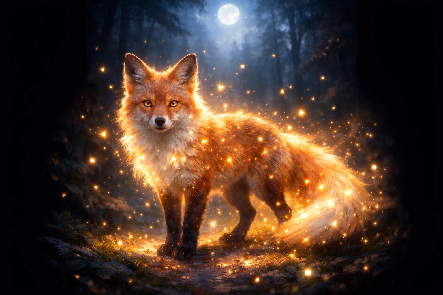 Glowing fox illuminated by fireflies in a moonlit forest
