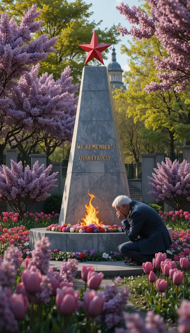 Elderly veteran mourning beside flaming war memorial