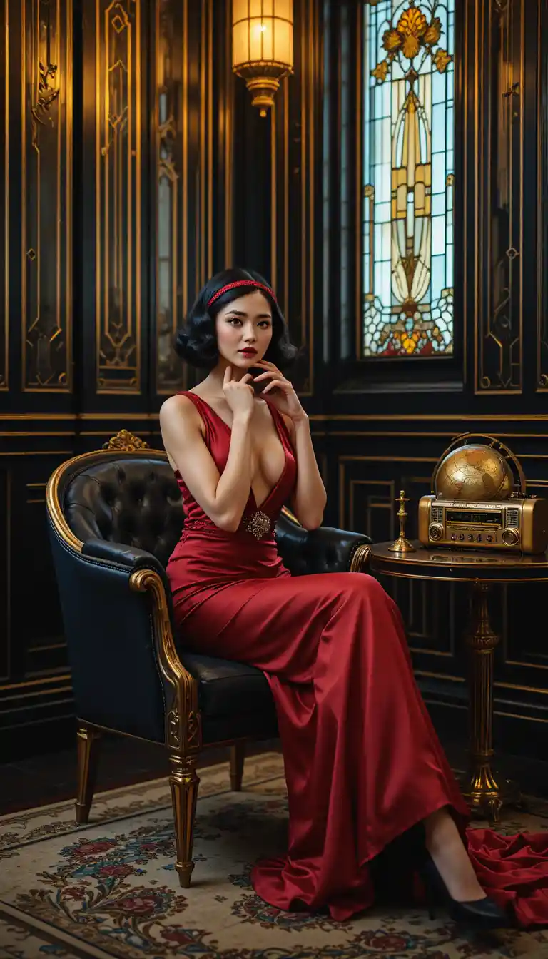 Elegant 1920s woman in a glamorous art deco lounge