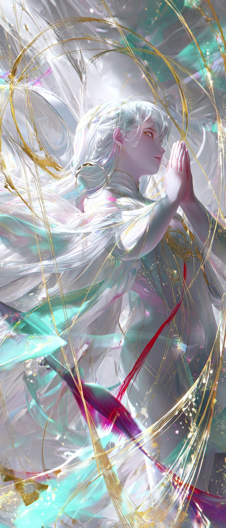 輝く幻想的な宇宙の光の中で祈るアニメ少女
