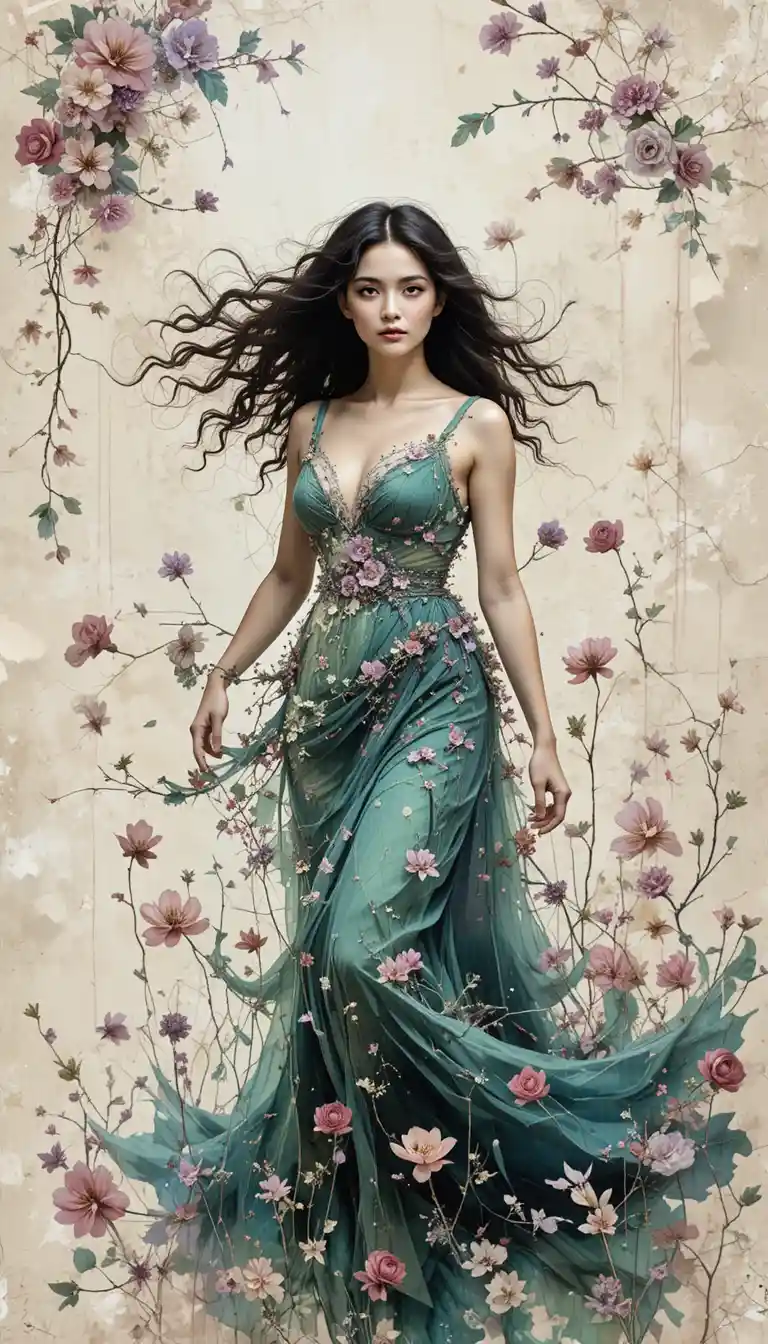 Ritratto in collage floreale di una donna con lunghi capelli ricci