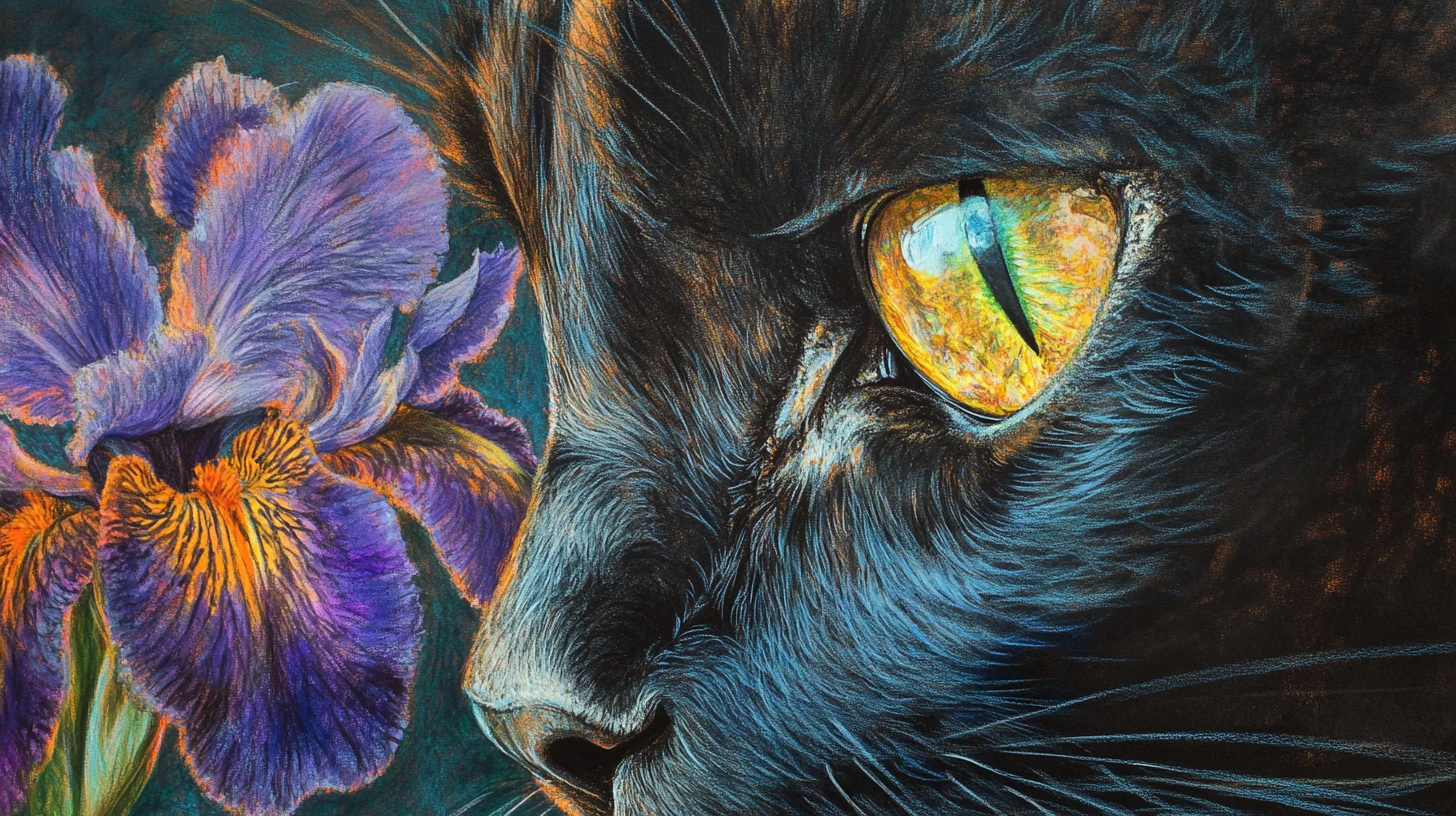 Impressionist panther emerging through iris flower screen illusion
