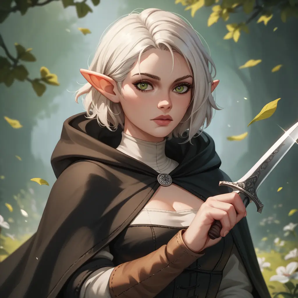 Platinum haired elf rogue in black hooded cloak