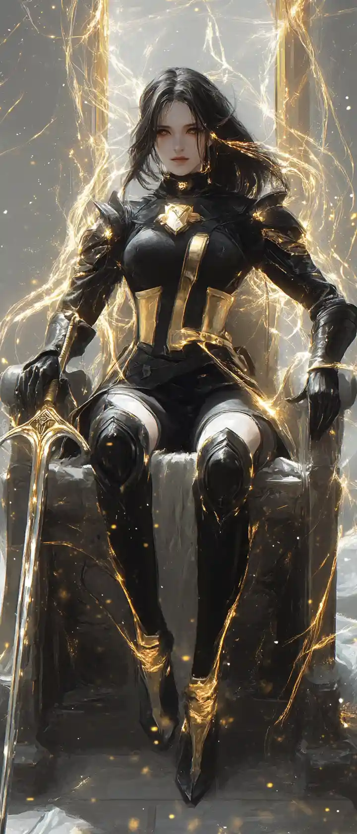 Eroina paladina malinconica su un trono con spada