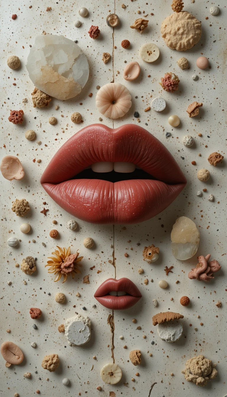 Surreal lips and eyes fragments scattered across abstract space
