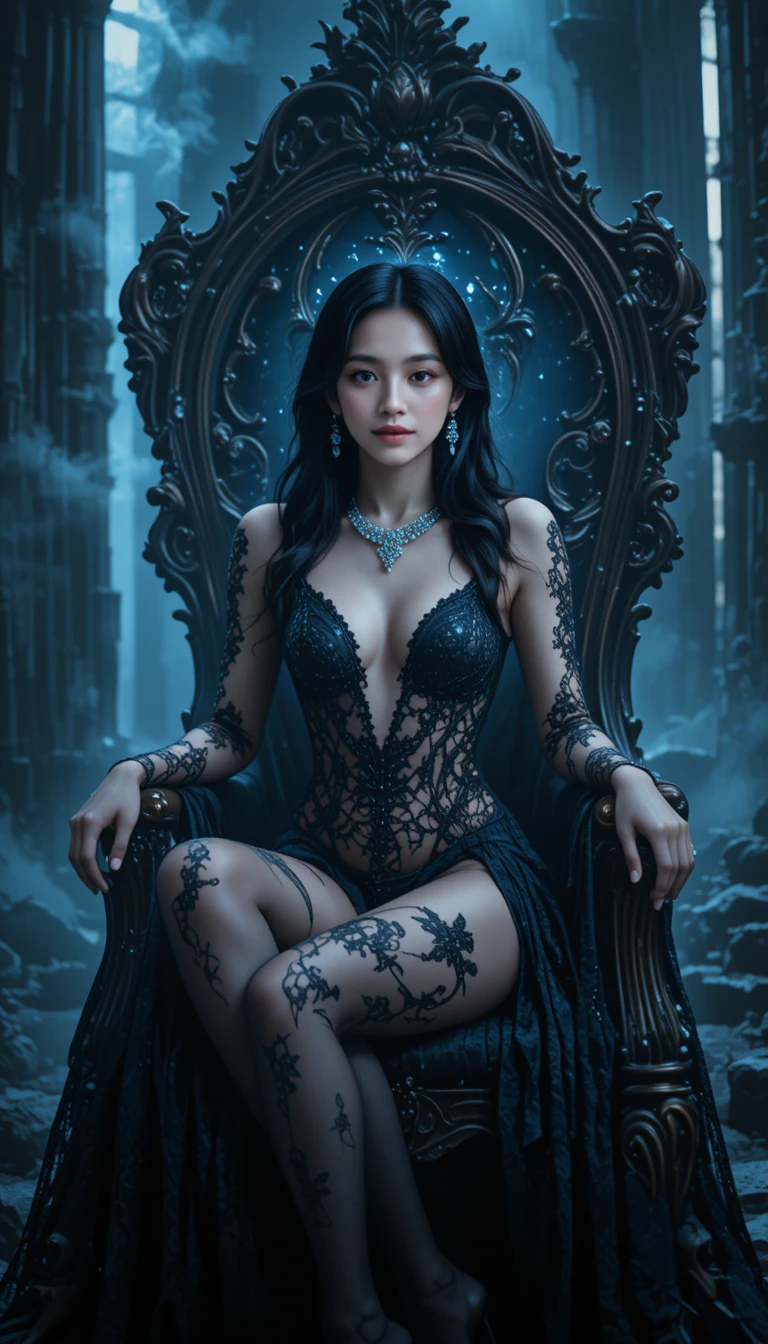 Mystical woman on gothic throne in shadowy ruins