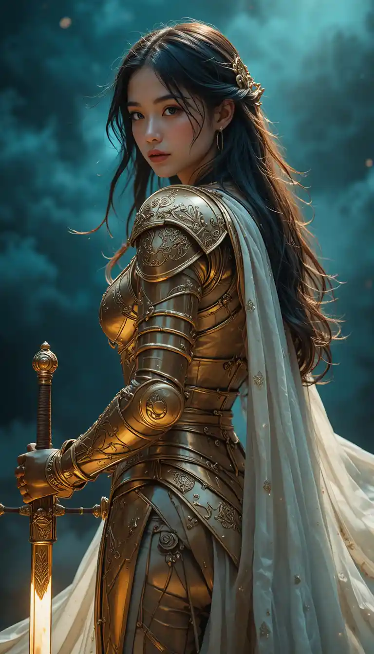 Golden armored warrior woman with flowing white cape